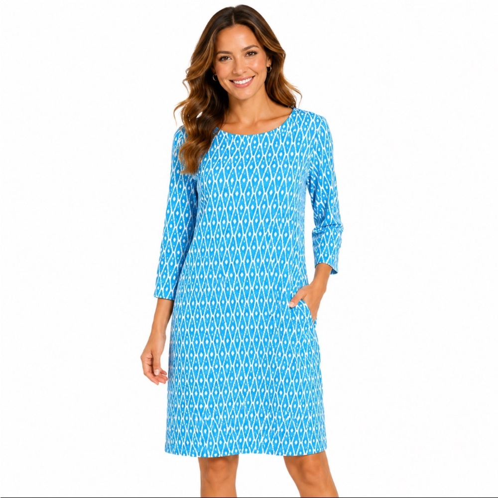 MELLY M Blue and White Geometric Shift Dress Size Large